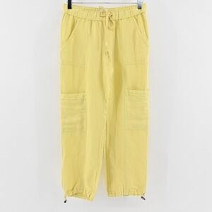 Nicole Miller Womens Yellow Cargo Pants‎ Size XS Linen Blend Crop Cinch Hem
